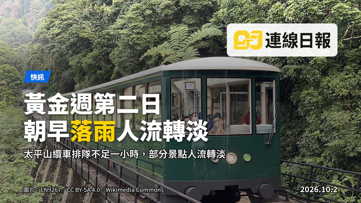 星期五朝早，中環太平山纜車站一帶落雨，街面濕潤，遠處行人撐傘經過。