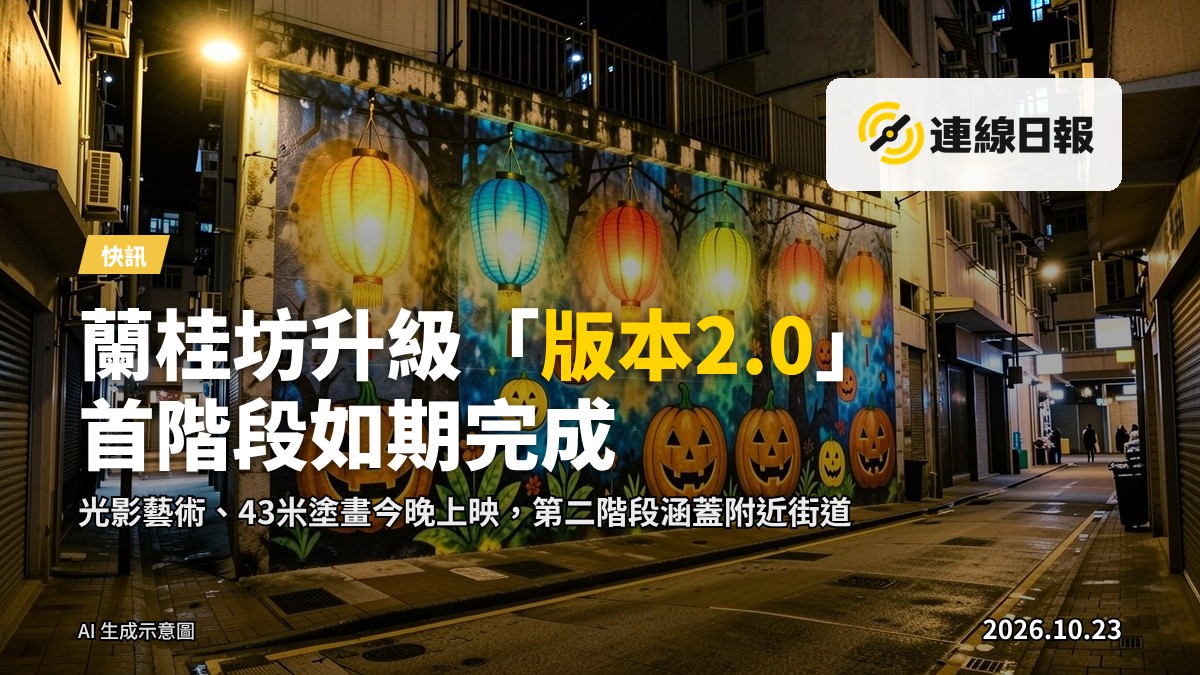 蘭桂坊德己立街擋土牆上以「今昔蛻變」為主題的大型塗畫，旁邊石牆正上映萬聖節主題光影藝術