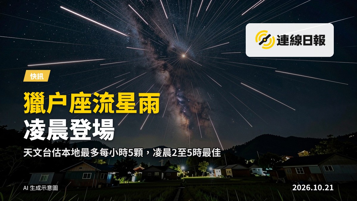 夜空中的獵戶座流星雨，流星軌跡由東方輻射點向四方散開，遠處為香港郊野的黑暗地平線。
