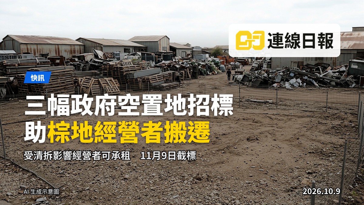 棕地作業場景：露天堆放的回收物料及貨倉，背景為城市發展項目，無人入鏡。