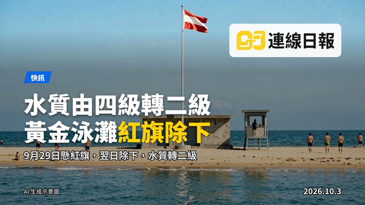 屯門黃金泳灘海濱景色：海水平靜，岸邊旗桿未懸掛紅旗，遠處有泳客於沙灘。