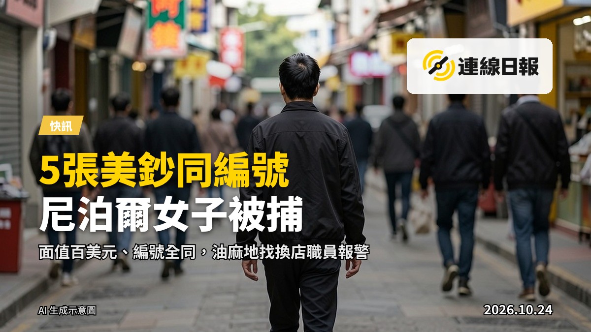 彌敦道一間找換店門口，櫃枱上攤開5張美金鈔票，數目字相同