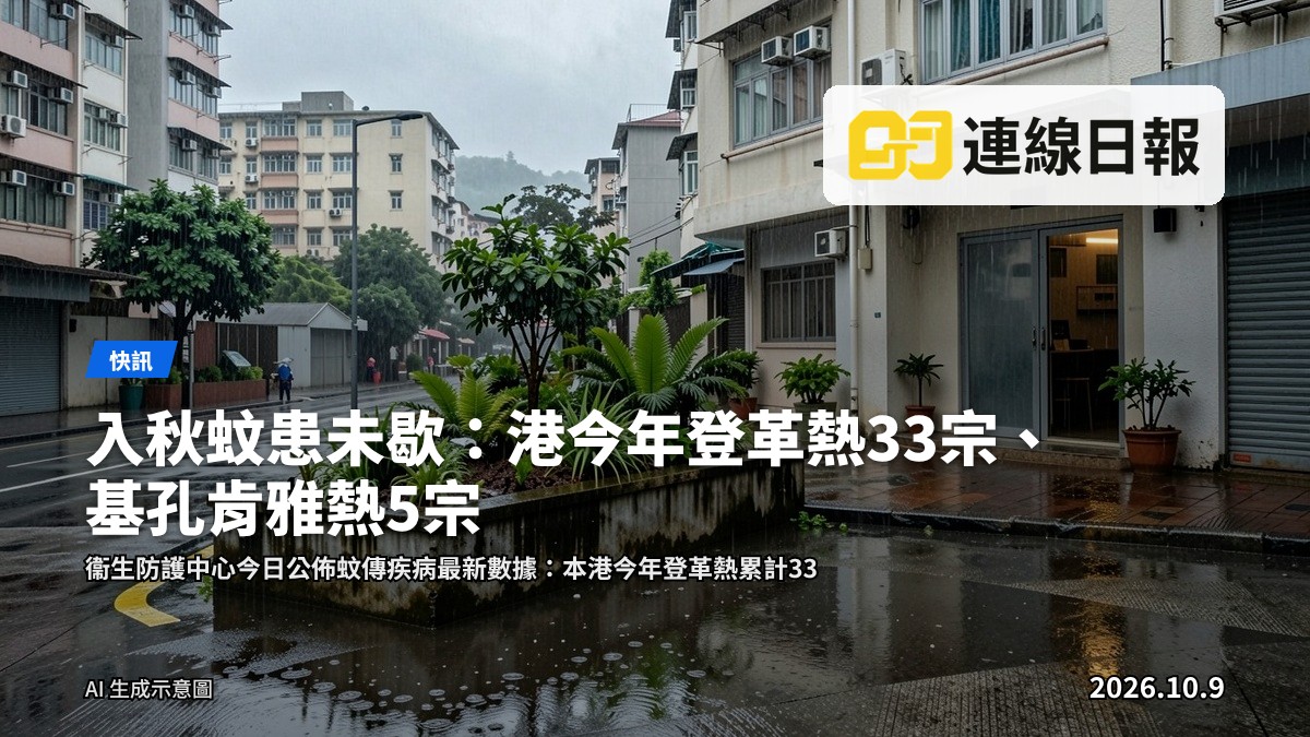 香港住宅環境的雨天場景，顯示積水與盆栽，象徵秋季蚊患持續