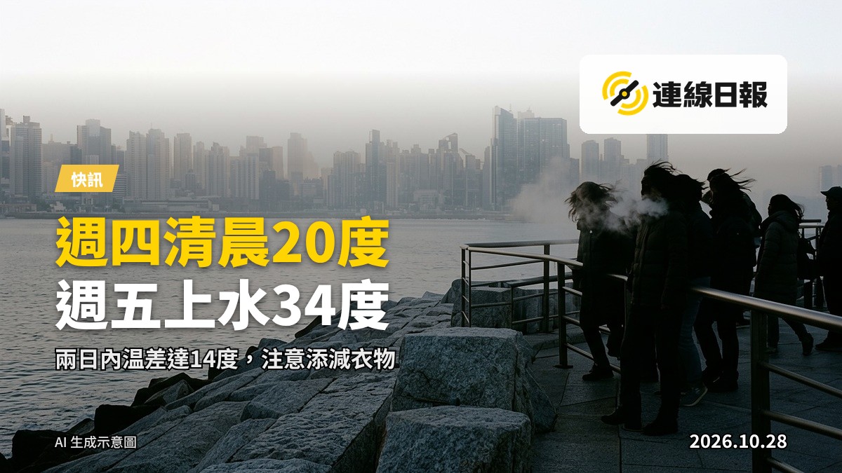 清晨薄霧下，遠處香港山嶺輪廓隱現，近處街道寧靜