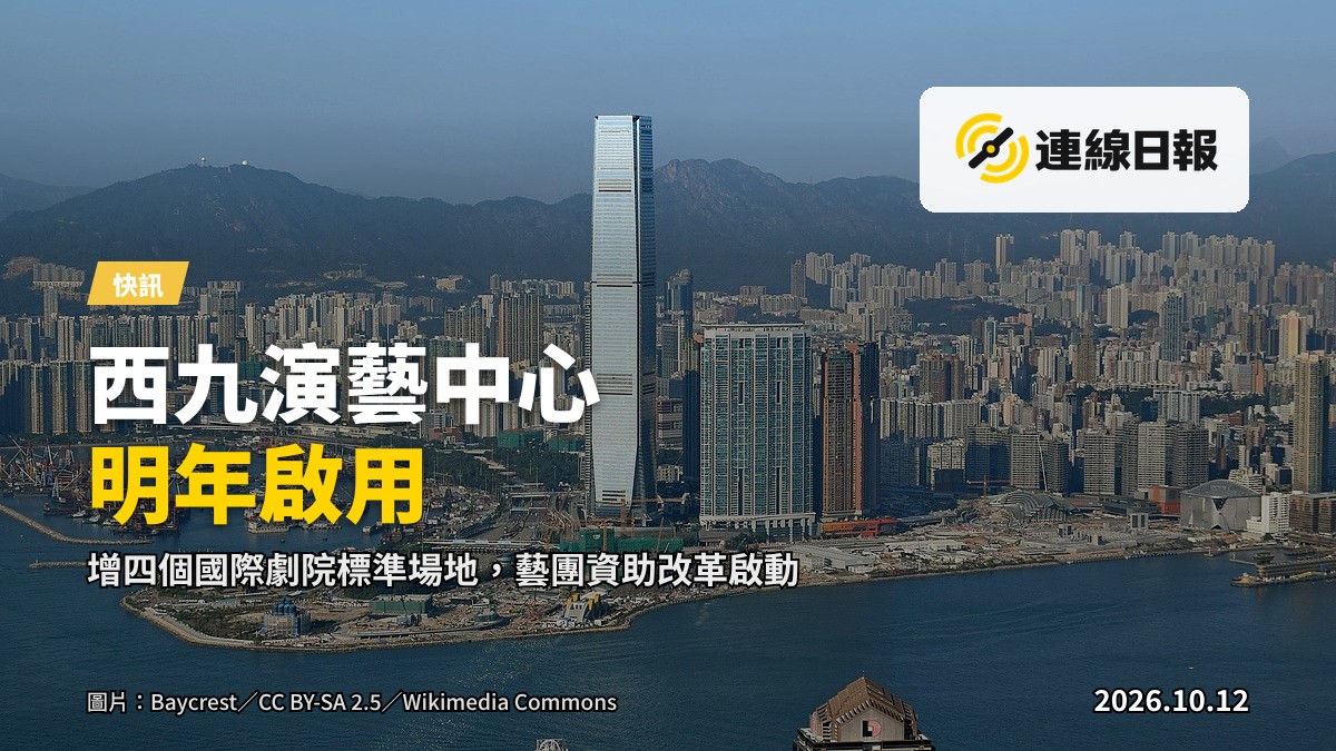 西九文化區西九演藝中心外景，現代化玻璃幕牆劇院建築群，天朗氣清，無文字商標