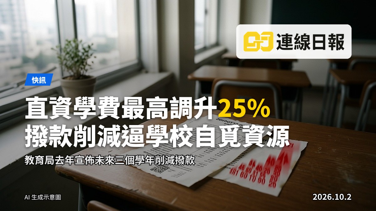 直資學校教室，書桌上有學費單據，暗示學費上漲