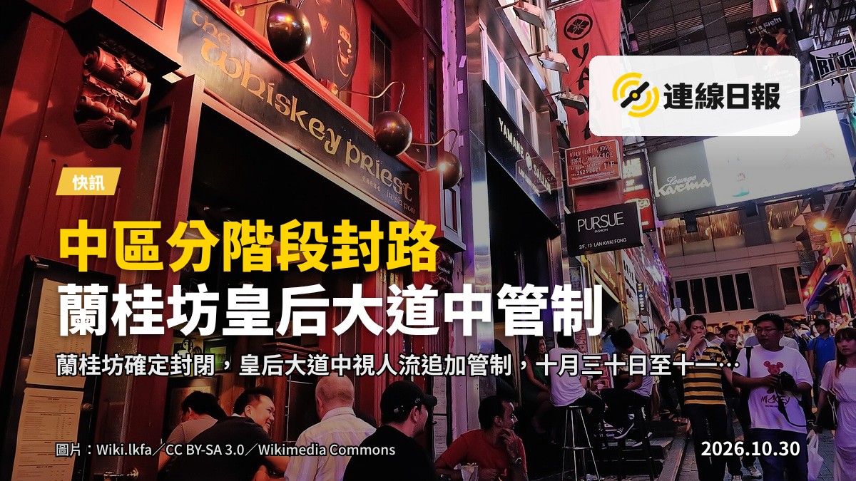 蘭桂坊夜景，街道兩旁霓虹燈招牌閃爍，遠處有模糊人影往來