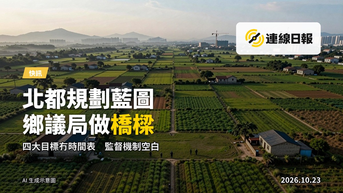 廣闊嘅新界平原，遠處隱約可見建築塔吊，喻指北部都會區規劃
