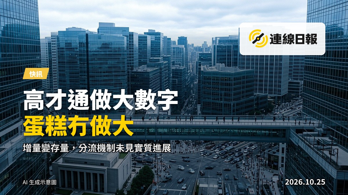 象徵香港人才市場的寫實示意圖：一個未擴容的頂層餅被多個方向的力量拉扯，背景為模糊的香港金融區天際線