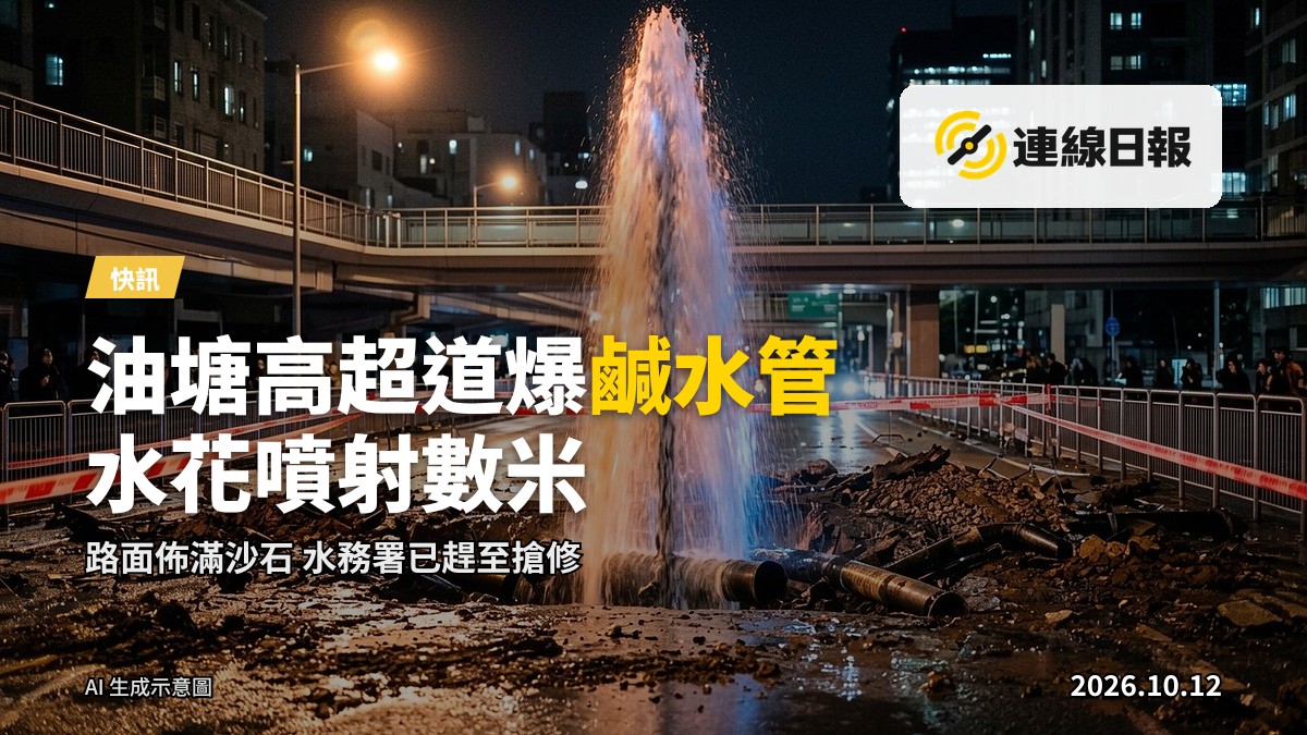 高超道水柱從地面湧出，水花四濺，路面積水佈滿沙石，背景為觀塘街區