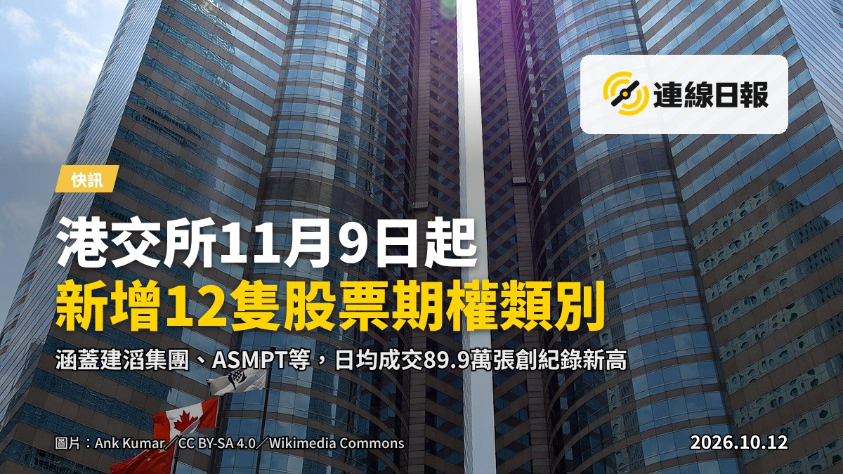 港交所大樓外觀，前景為泛淡色股票期權數據圖表，不顯示任何真實人物面部。