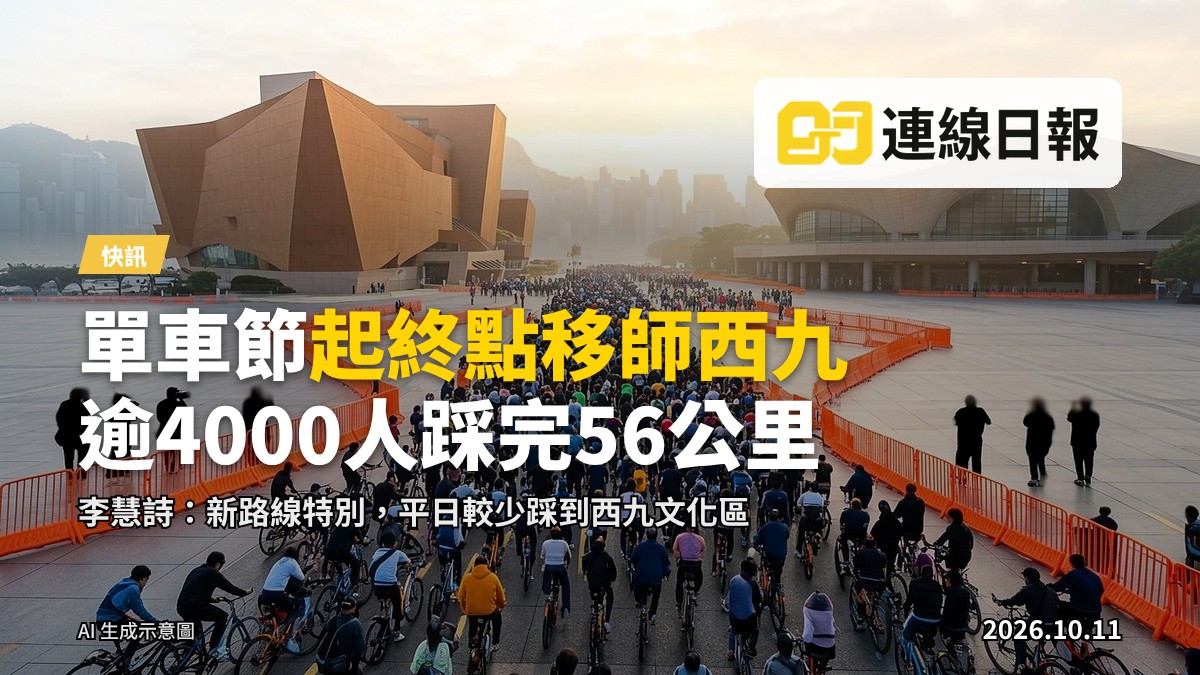 單車手沿路衝線，背景為西九文化區現代建築群，無可見面孔。
