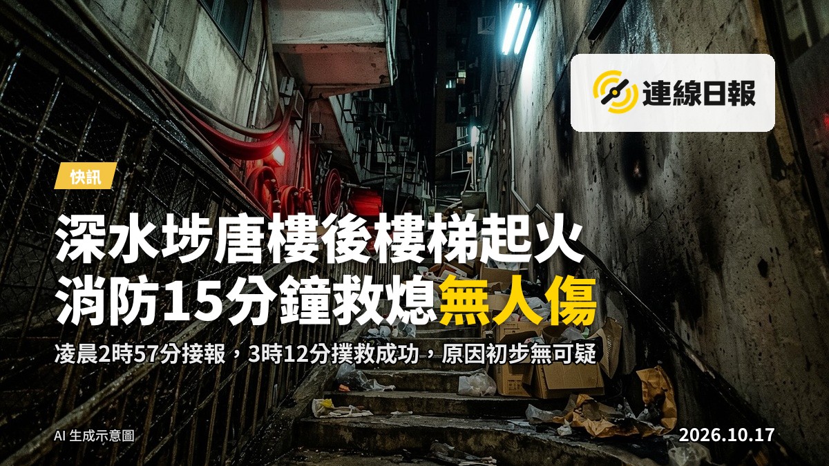 唐樓後樓梯的消防水喉及濃煙，遠處可見，無人士面部。