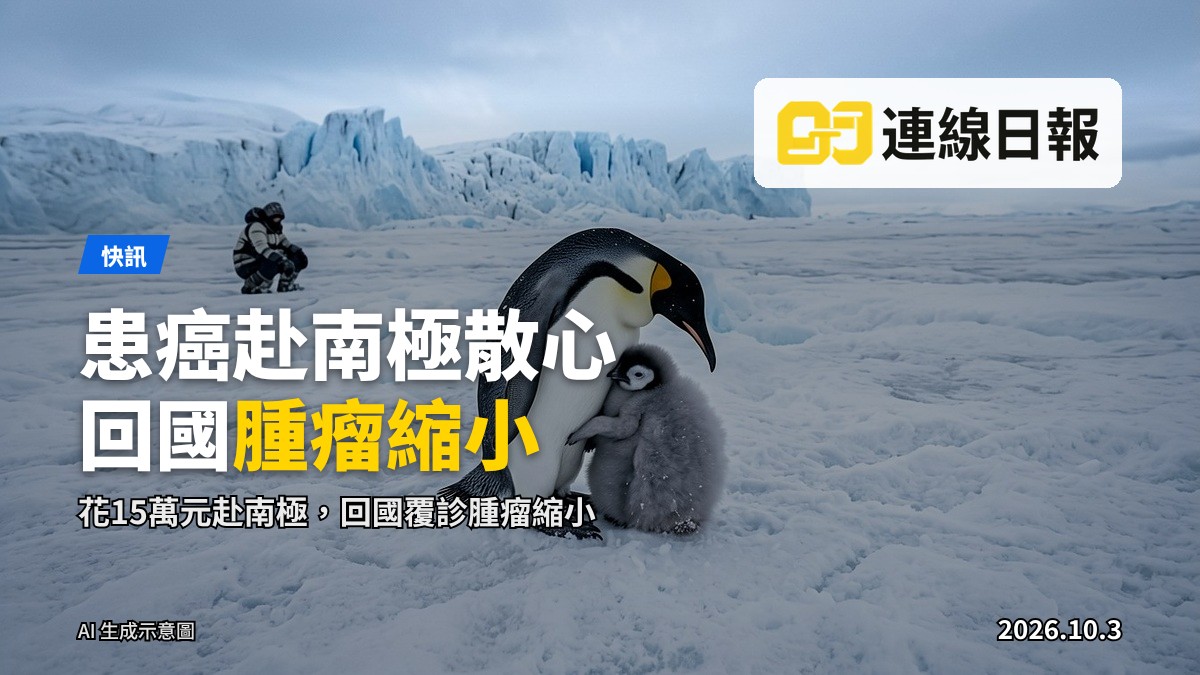 南極冰原上一名攝影師背對鏡頭蹲守拍攝企鵝，雪花隨風飄落，背景是廣闊的冰川與海洋。