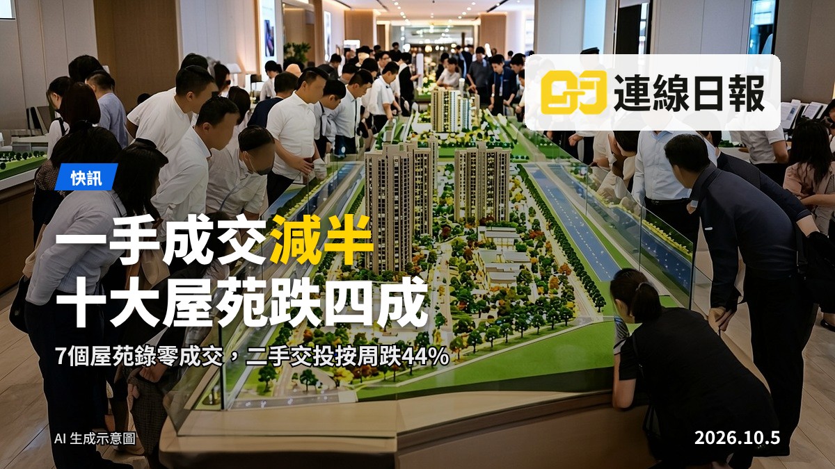 香港住宅樓群，前景有發展商新盤的銷售展板