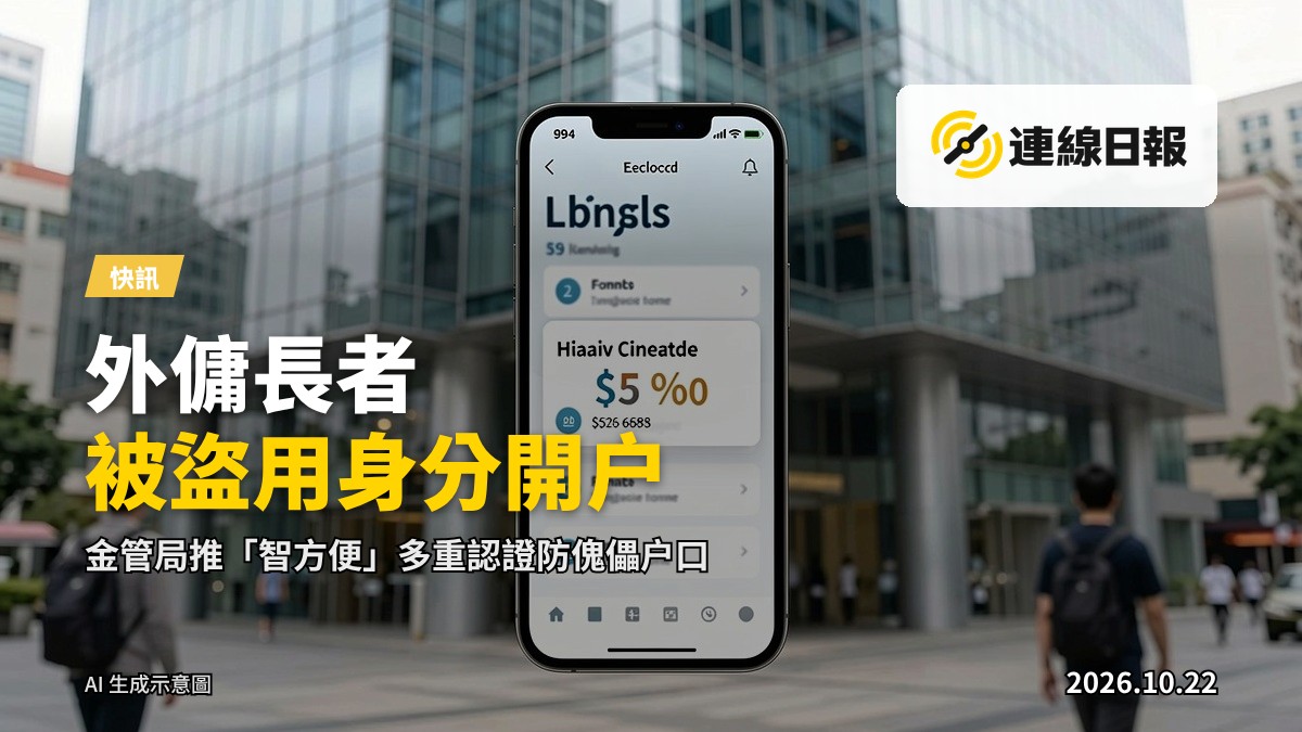 銀行建築外景，手機屏幕顯示銀行應用程式的人臉驗證界面