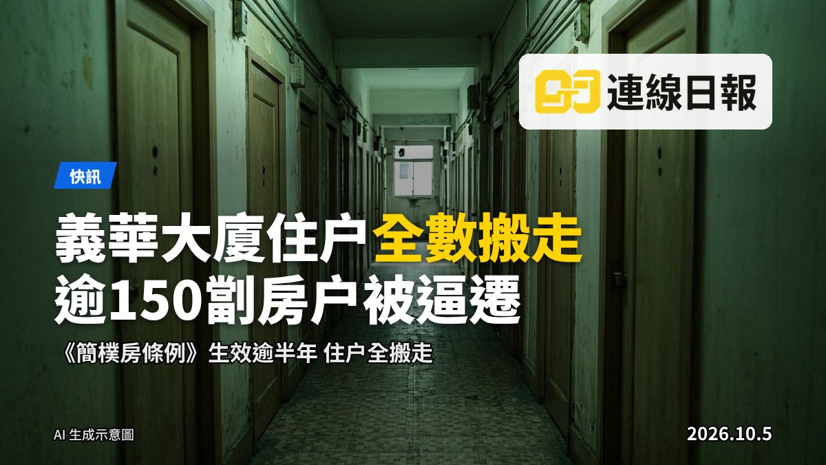 一座舊式多層住宅大廈，外牆斑駁，窗戶密布冷氣機與天線，位於密集都市住宅區，天色陰沉。