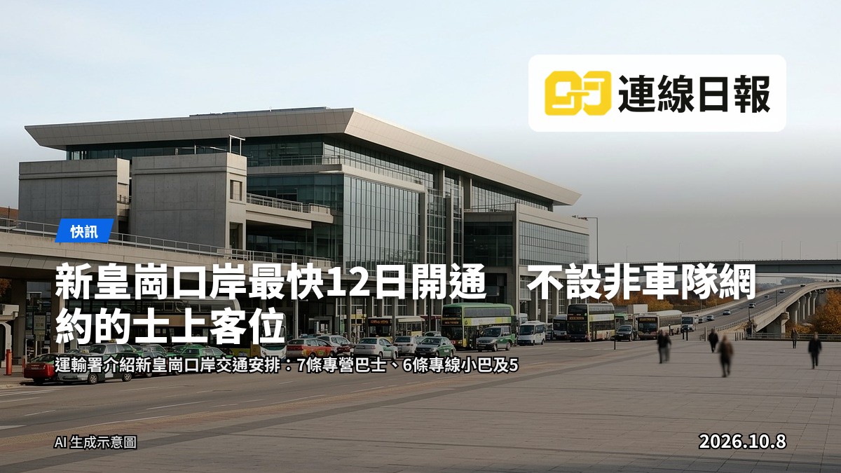 新皇崗口岸公共運輸交匯處，巴士與的士按序停泊，背景為口岸大樓，無人出現。