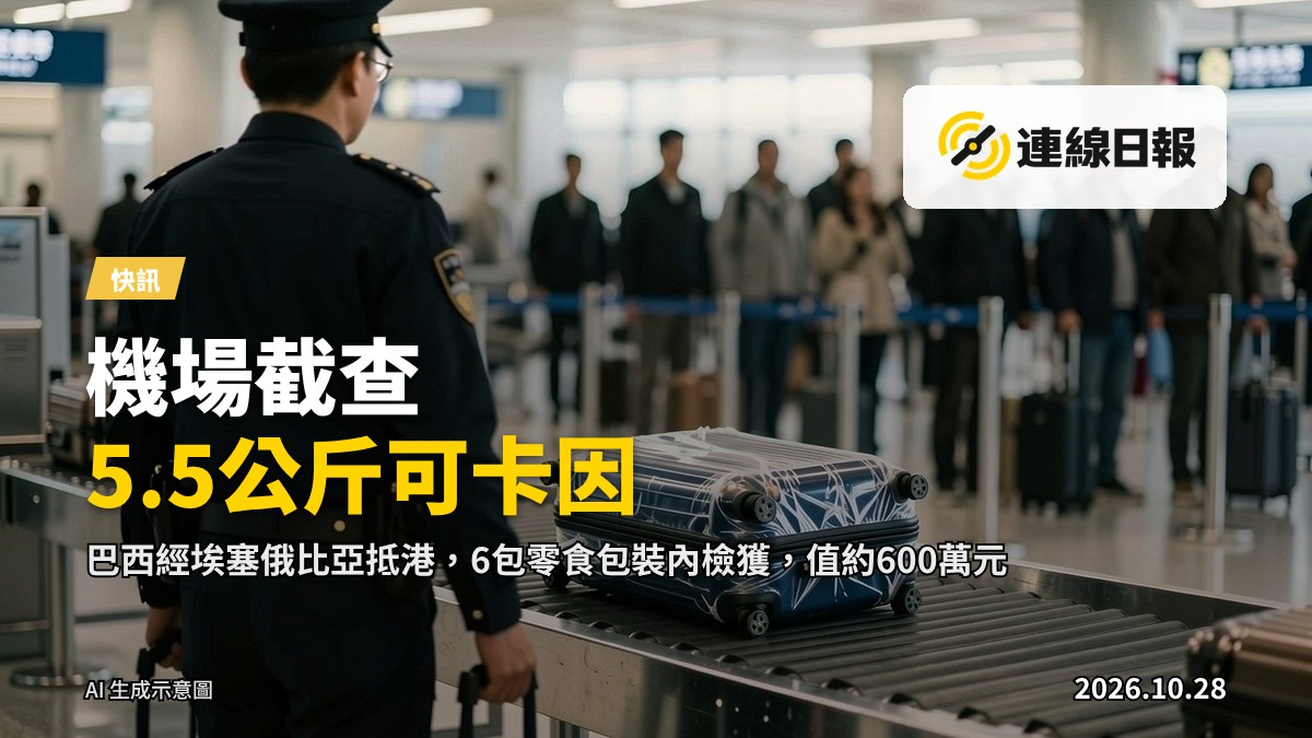 機場海關查緝人員於出境大堂巡查旅客行李的象徵畫面，無可辨識面孔