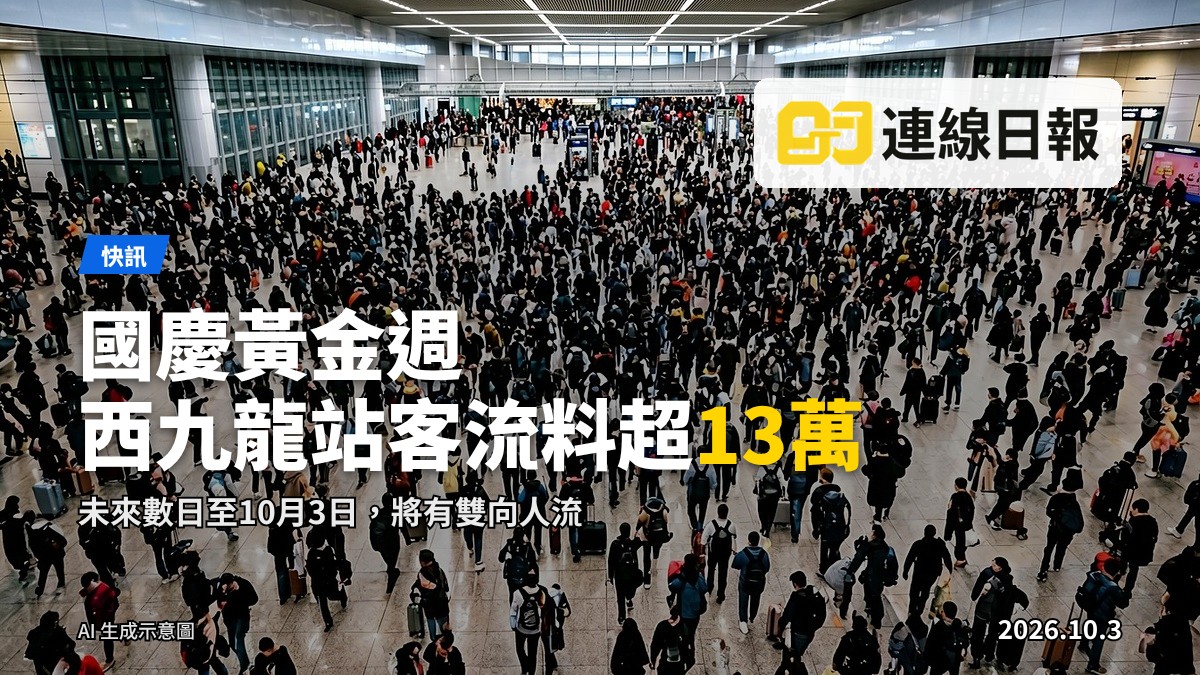 西九龍高鐵站入境閘口，旅客背對鏡頭排隊等候，場面有序
