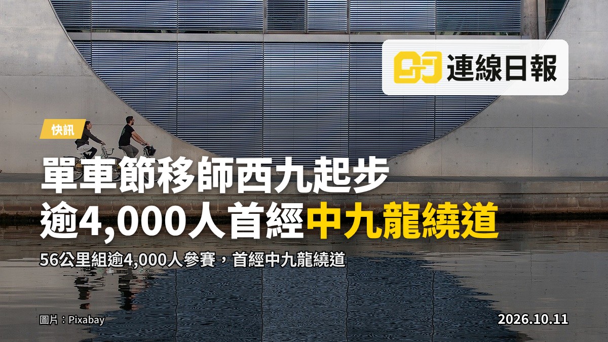 大批單車選手於清晨在城際幹道上行進，背景為西九文化區現代建築群