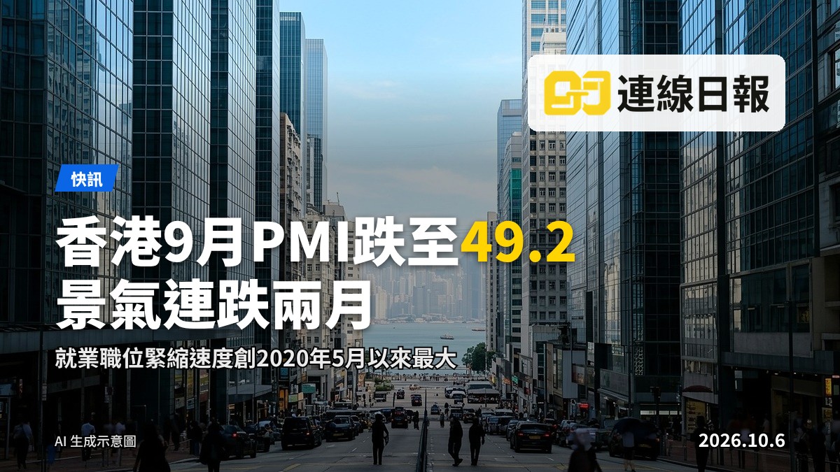 示意圖：商廈外牆電子行情板顯示採購經理人指數跌至49.2，伴隨下行箭頭。