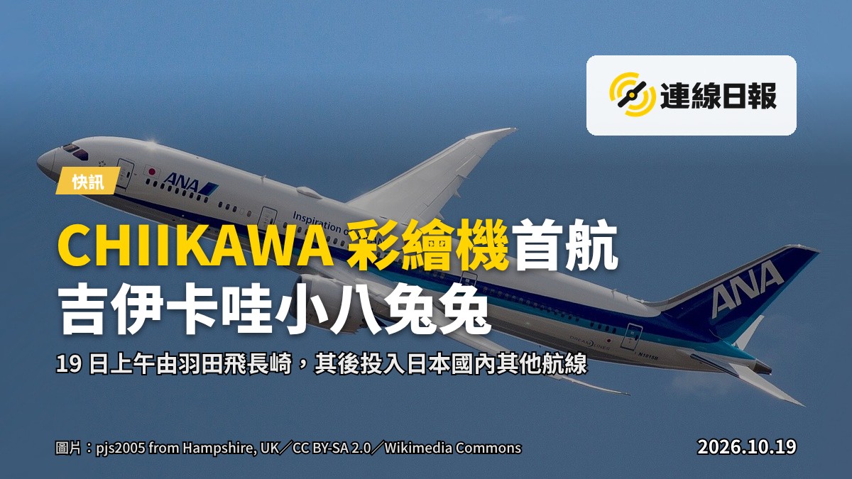 一架印有 CHIIKAWA 卡通角色的彩繪客機，停泊於機場，無真人出現。
