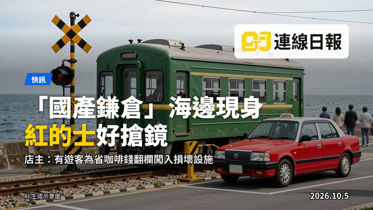海邊仿鎌倉平交道打卡點，旁有紅色計的