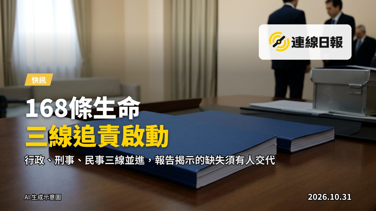 宏福苑火災後的外觀，建築外牆焦黑，天空陰沉。