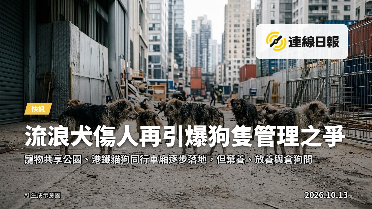 一條未牽繩的中型犬隻行經城市街道，背景為貨倉及地盤