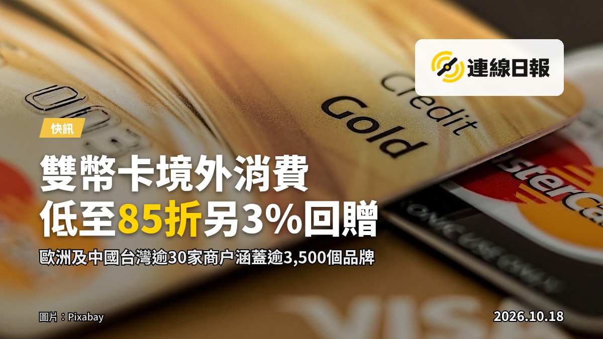 一張雙幣信用卡、機票及地球儀，喻指跨境消費優惠。