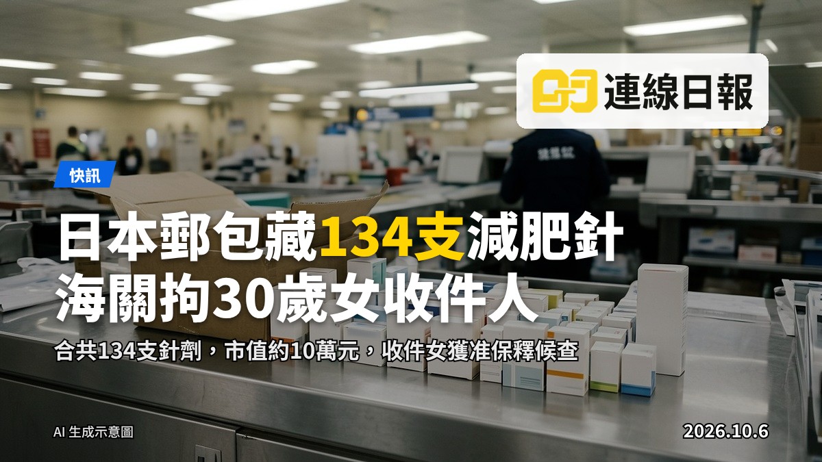 空郵中心查驗台上一件郵包及一盒受管制針劑（示意圖）