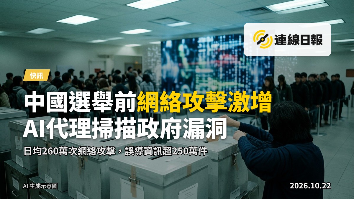 網絡安全監控中心的大型螢幕，顯示網絡威脅監控數據，象徵中國對台灣的網絡攻擊威脅。