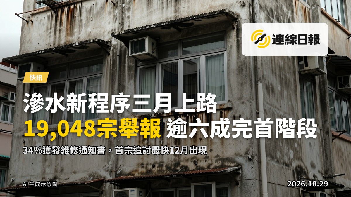 香港舊式住宅大廈外牆，窗戶內有水漬滲透痕跡