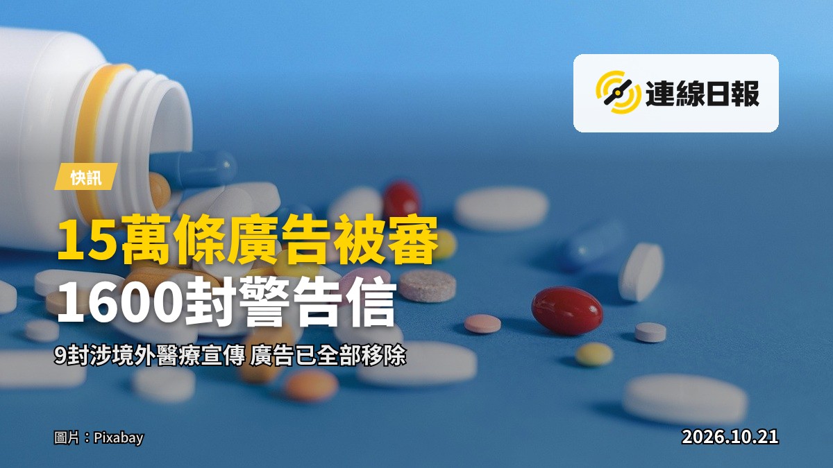 一份醫療廣告的版面被紅線劃掉，旁邊疊放警告信