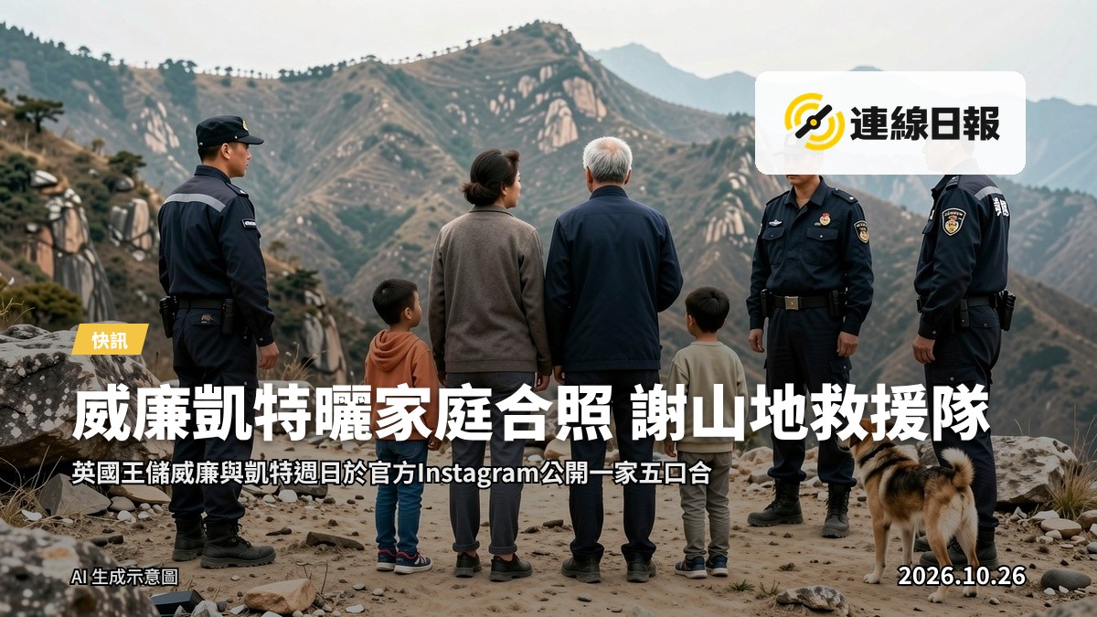 山地風景中，威廉、凱特與三名子女同山地救援隊成員及一隻狗合影