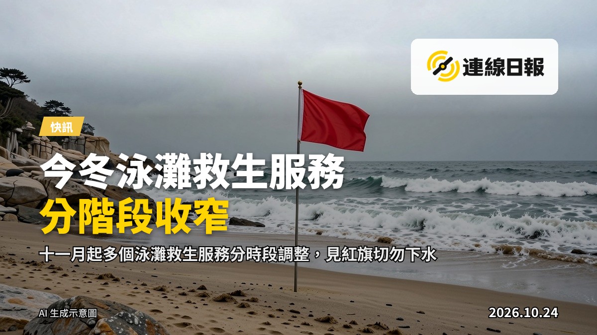 冬日無人泳灘，岸上懸掛紅旗，海面風浪起伏