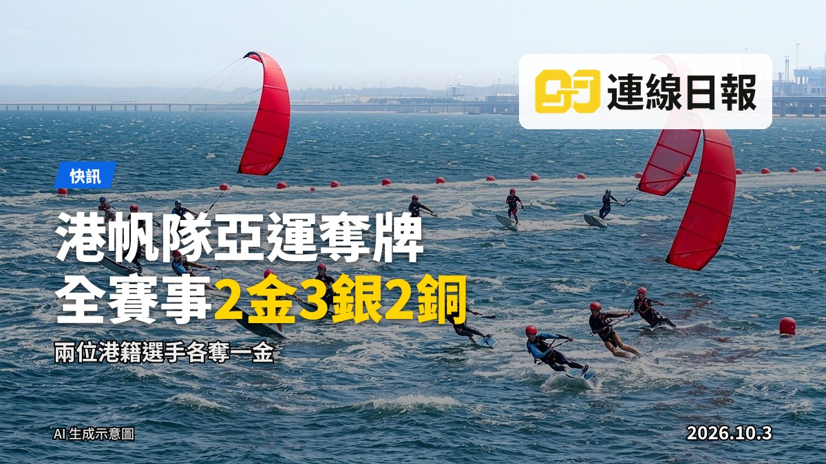 亞運帆船賽，多艘風帆艇於海面並駕齊驅競賽。