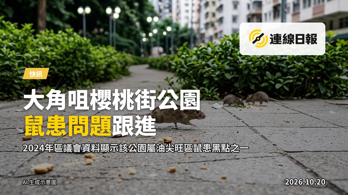 大角咀櫻桃街公園地面散落殘渣，老鼠在園內走動