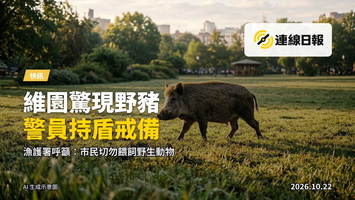 維多利亞公園草地，一頭野豬在休憩，警方人員持盾在旁戒備