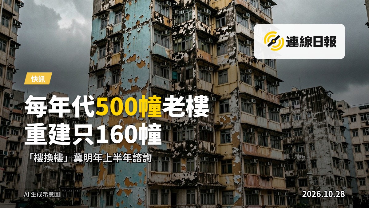 香港老舊樓宇，建築外牆斑駁、陳舊，背景密佈同類老舊樓宇，天色陰沉。