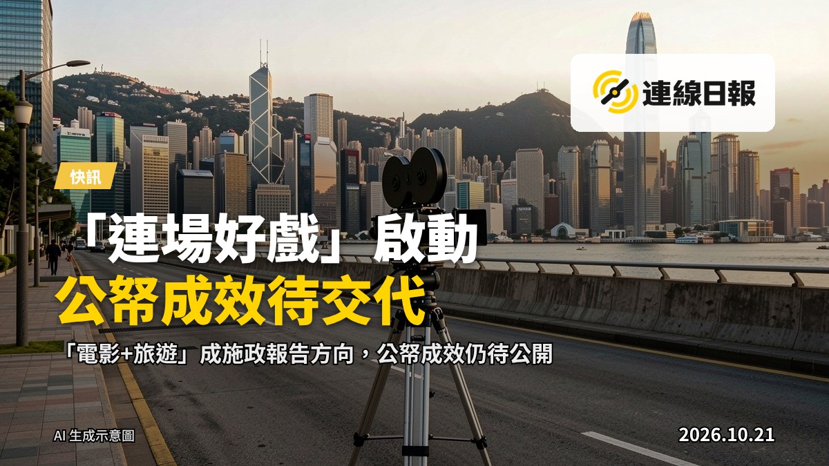 香港海濱大角咀與高樓背景，前景一架老式攝影機。
