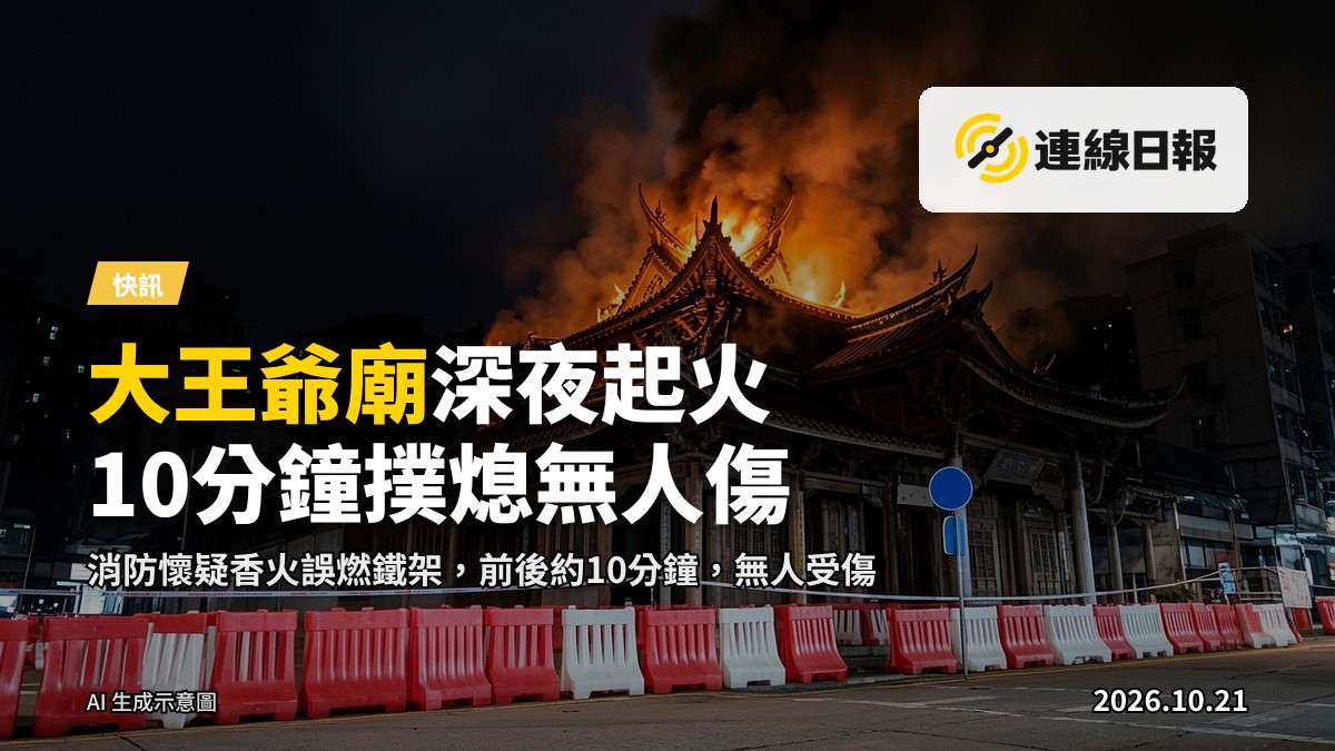 黃竹坑大王爺廟屋頂起火，濃煙向上飄散，消防到場救火