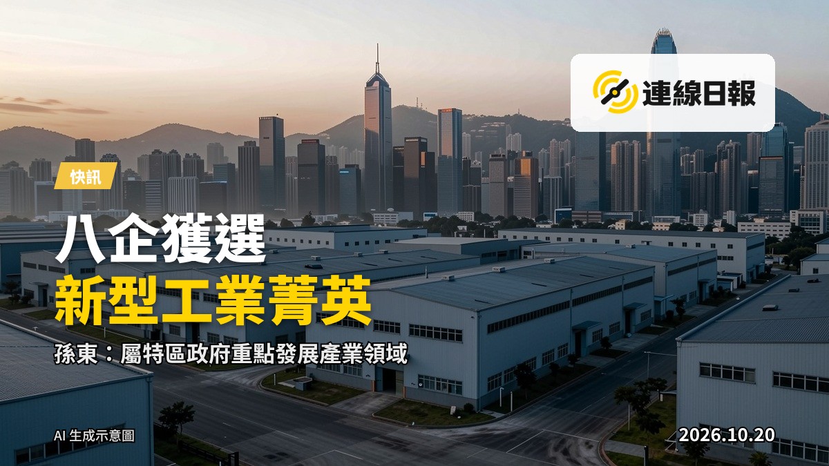 現代化工業廠房，無人出現，背景為智慧城市天際線，象徵香港新型工業發展。