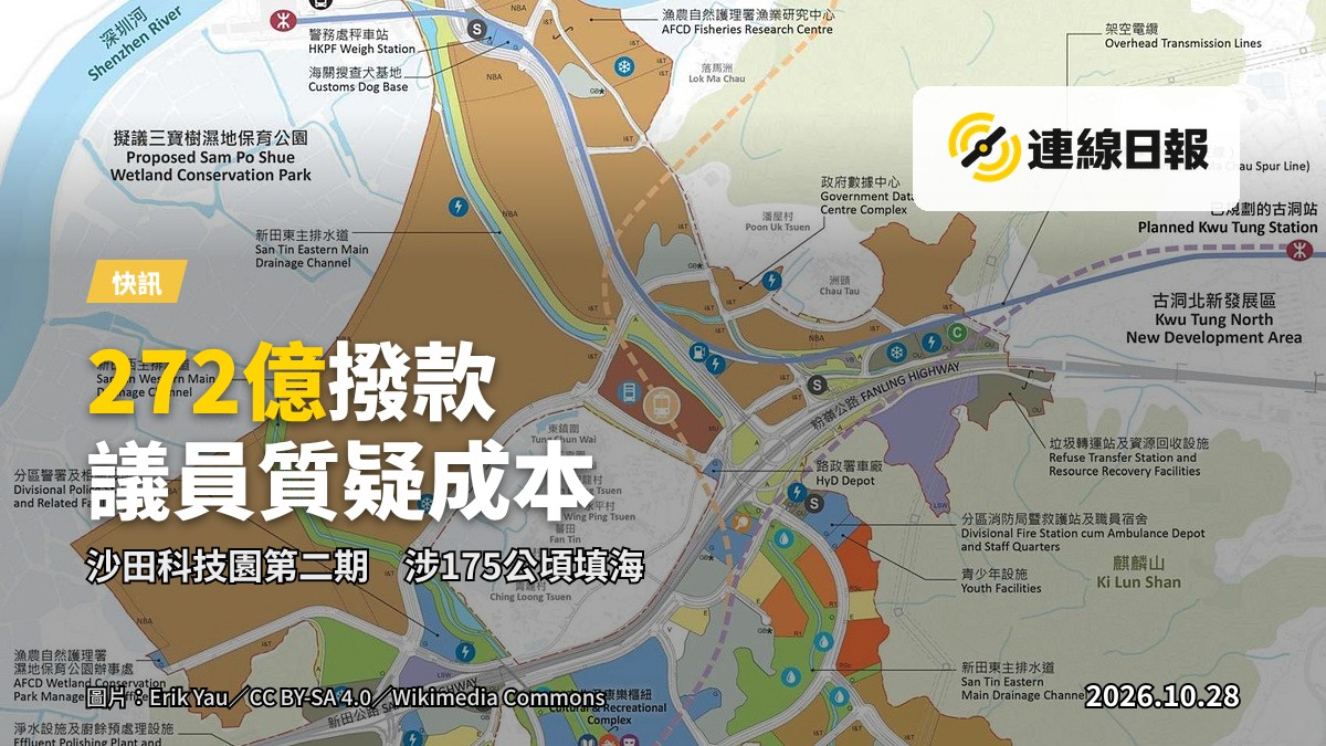 沙田科技園填海造地區位，前景為沿海濕地，遠處可見填海工程。