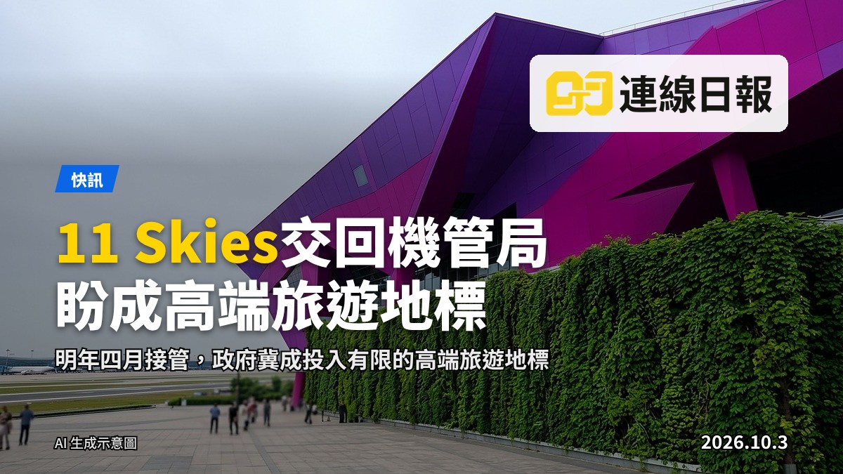 香港國際機場一帶的11 Skies商廈項目示意圖，玻璃外牆的高樓矗立於機場設施之間，遠處可見跑道，天色陰沉。