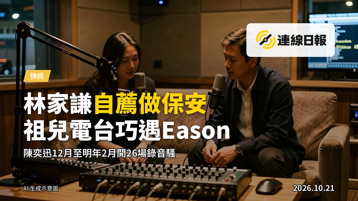 商台廣播錄影室內，兩位藝人同喺直播現場，背景有收音同錄音器材，無面孔可辨識。