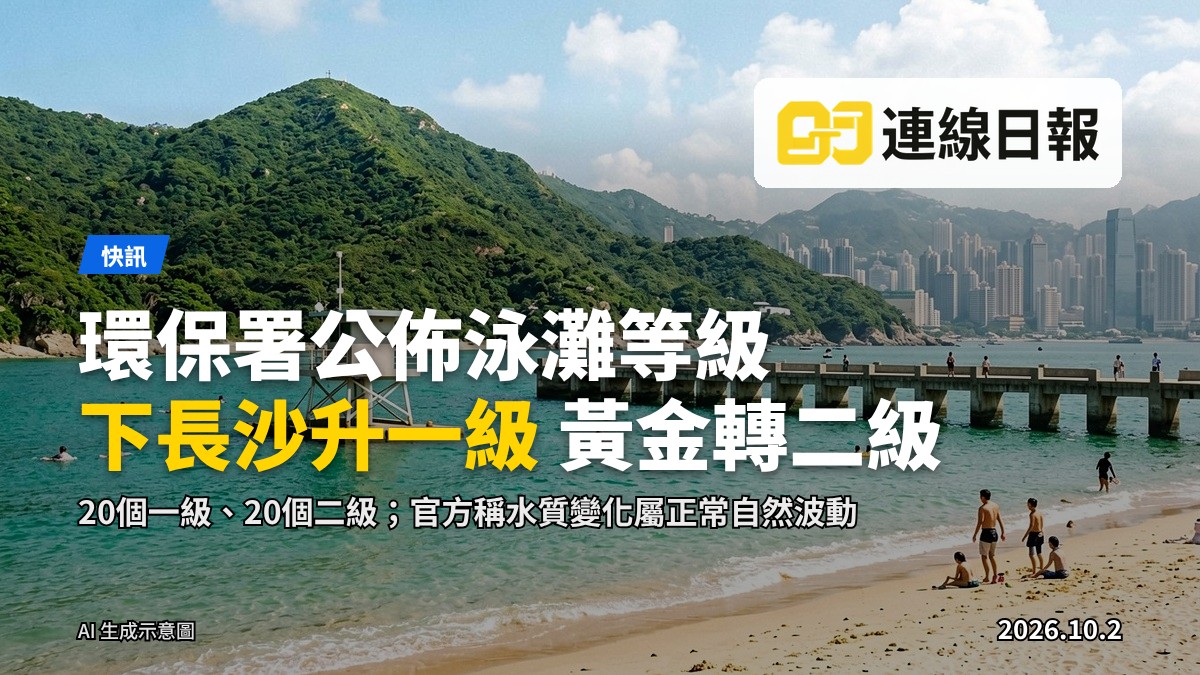 晴天下的香港泳灘，海水清澈，岸上有救生塔