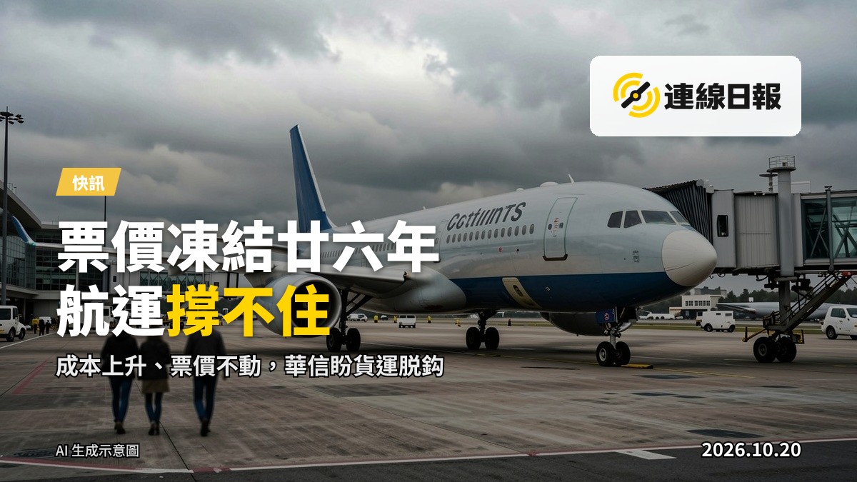 機場停機坪上的民航客機，背景為登機橋及航廈，天空陰沉