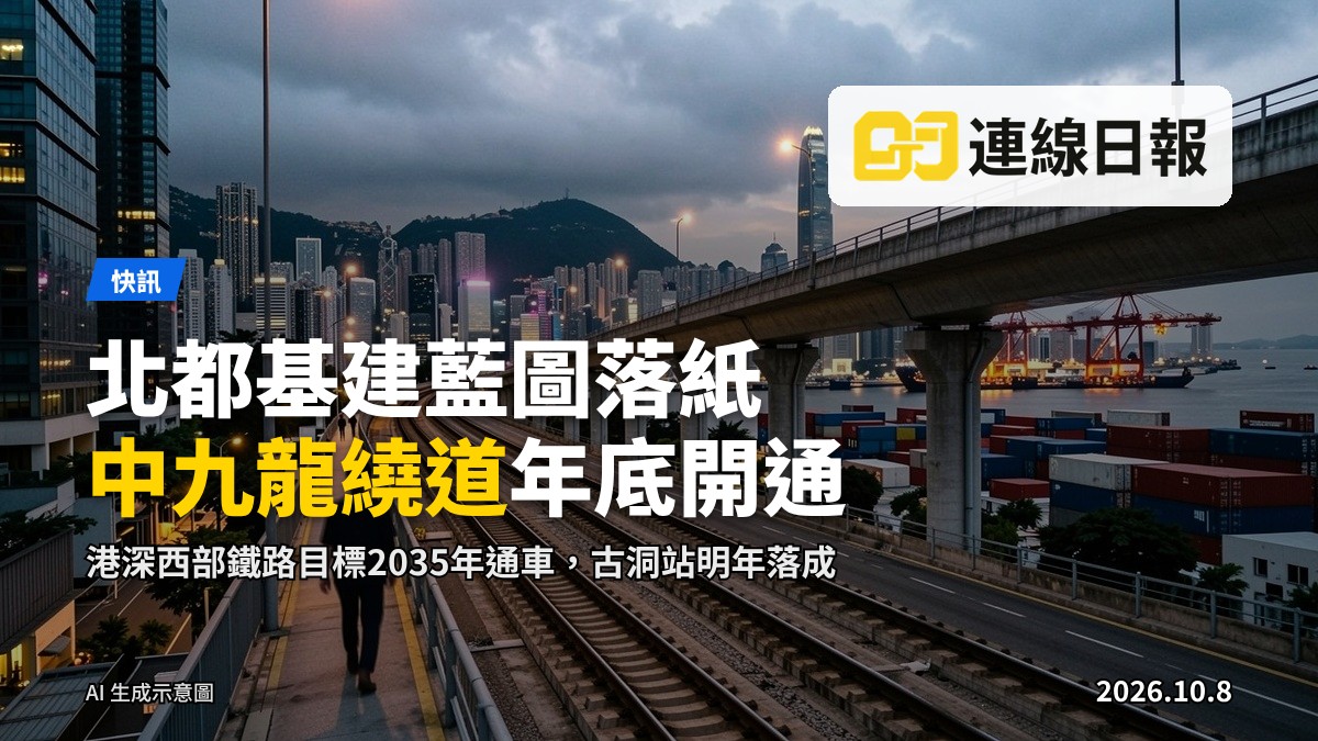 香港國際機場及北部都會區交通基建示意：現代化港區與鐵路網絡的象徵畫面，遠景無清晰人物。
